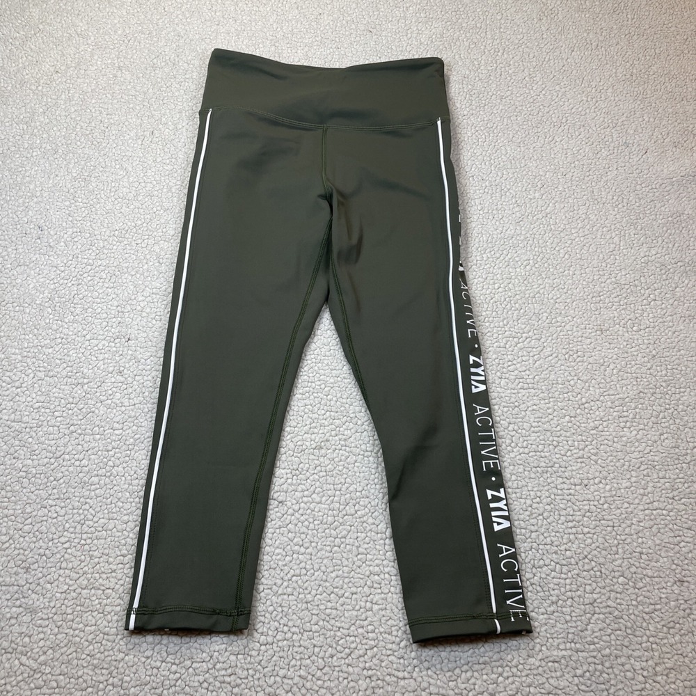 Zyia‎ Active Leggings Womens 4 Olive Green Logo Stripe Cropped High Rise Yoga